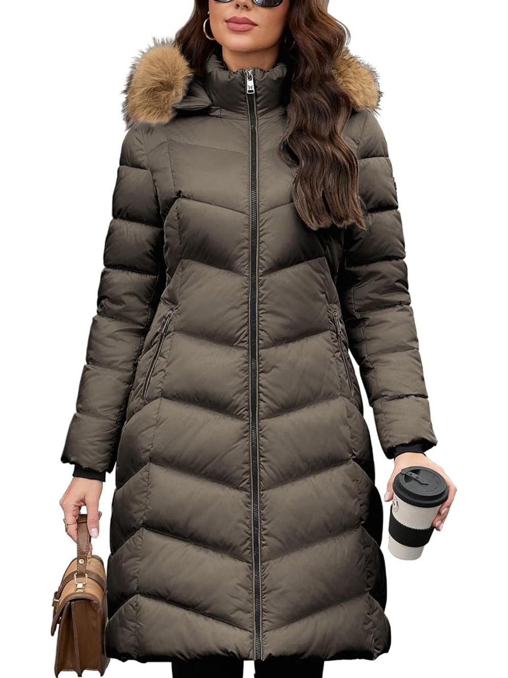 Papillon Blanc Quilted Long Puffer Coat with Faux Fur Hood - Olive